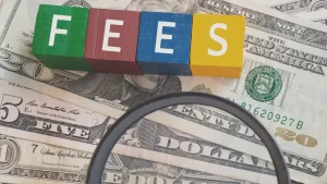 fees spelled out in letter blocks on top of USD cash money